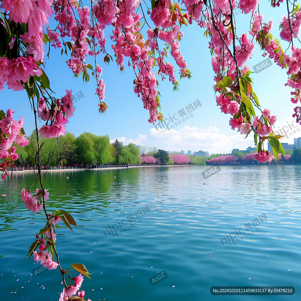 湖边樱花树