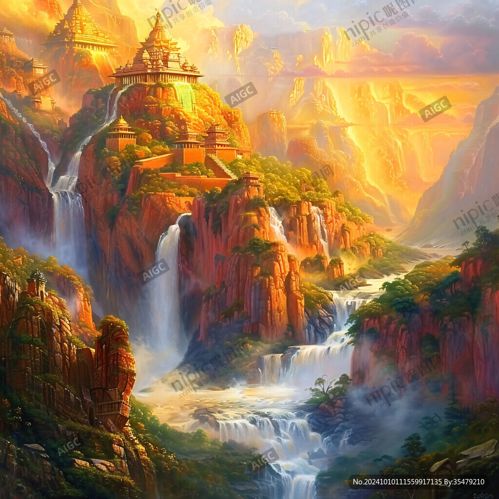 山水风景油画瀑布