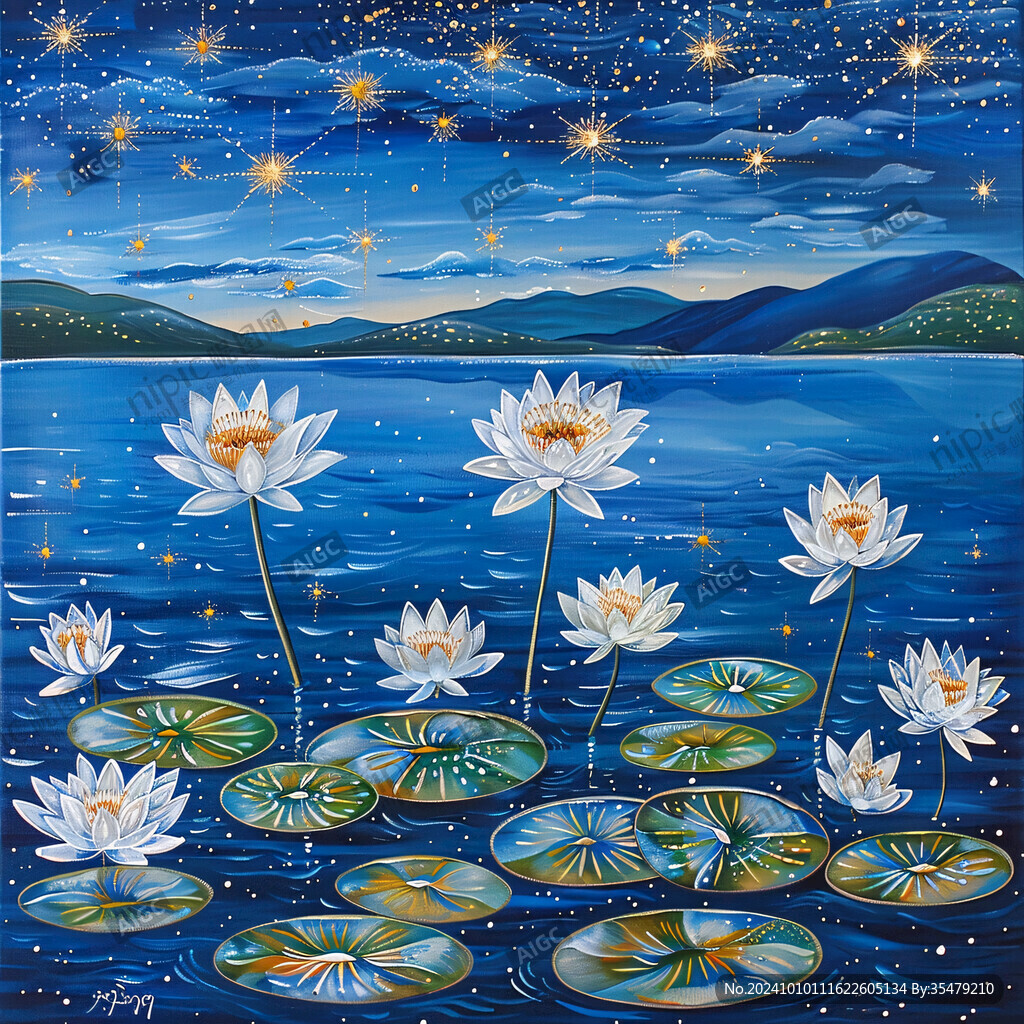 蓝色荷花壁画