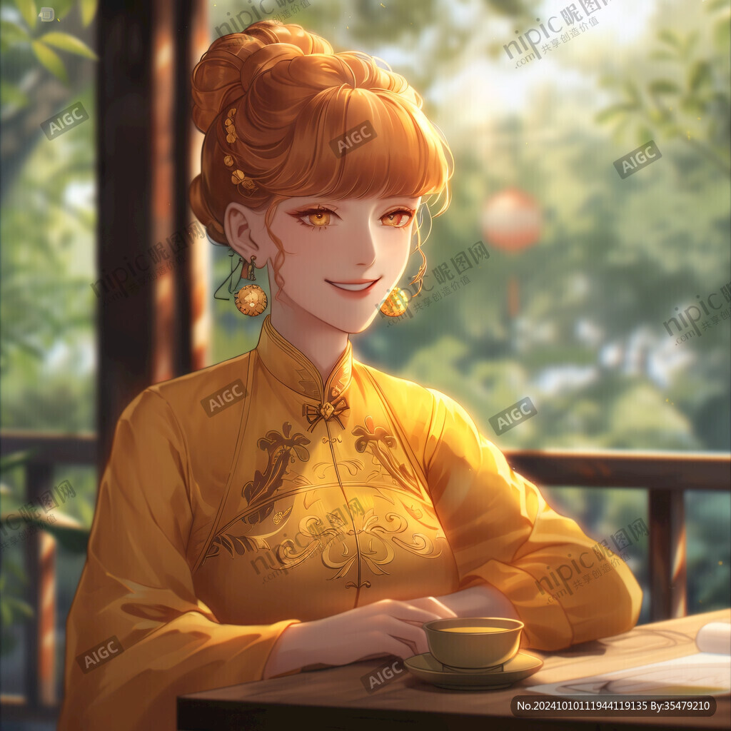 喝茶的旗袍美女插画