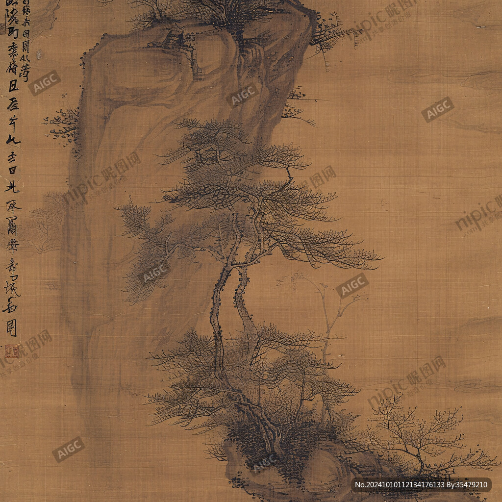 手绘工笔画古柏