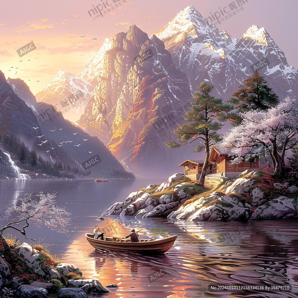 水上船家山水画