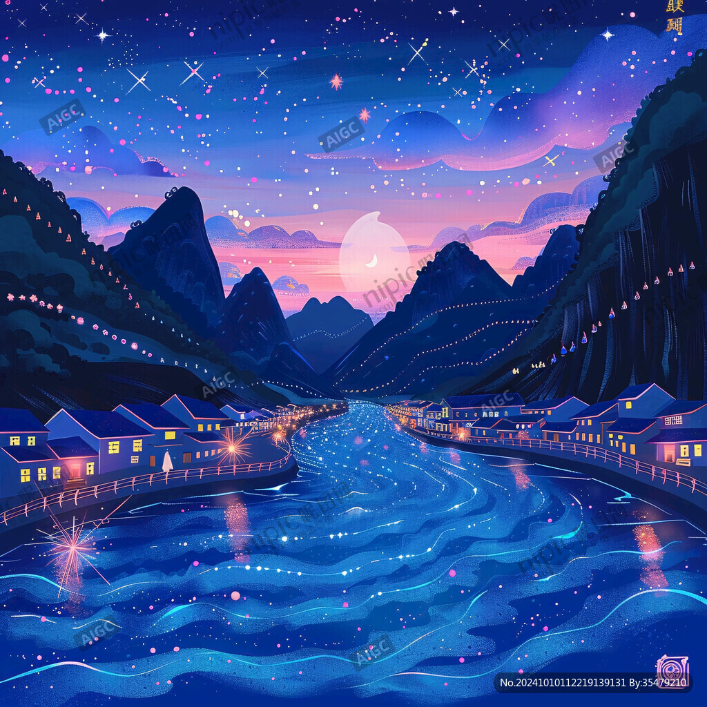 插画夜景湖泊