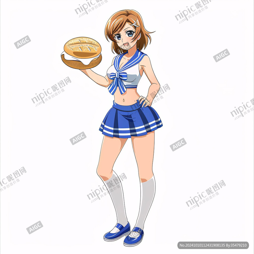 手绘举面包的女孩