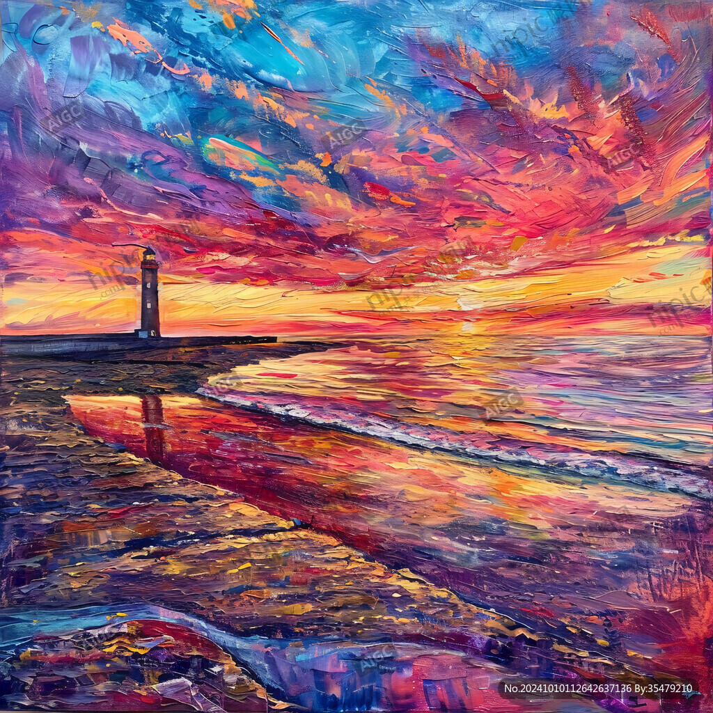海边晚霞油画