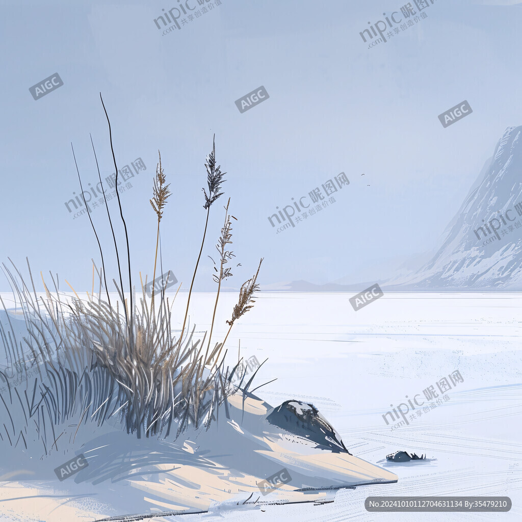 雪地芦苇雪痕