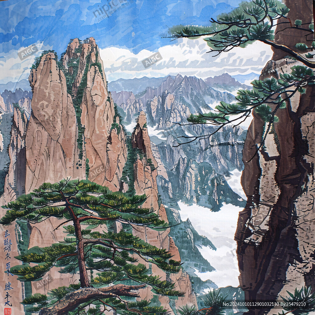 迎客松油画