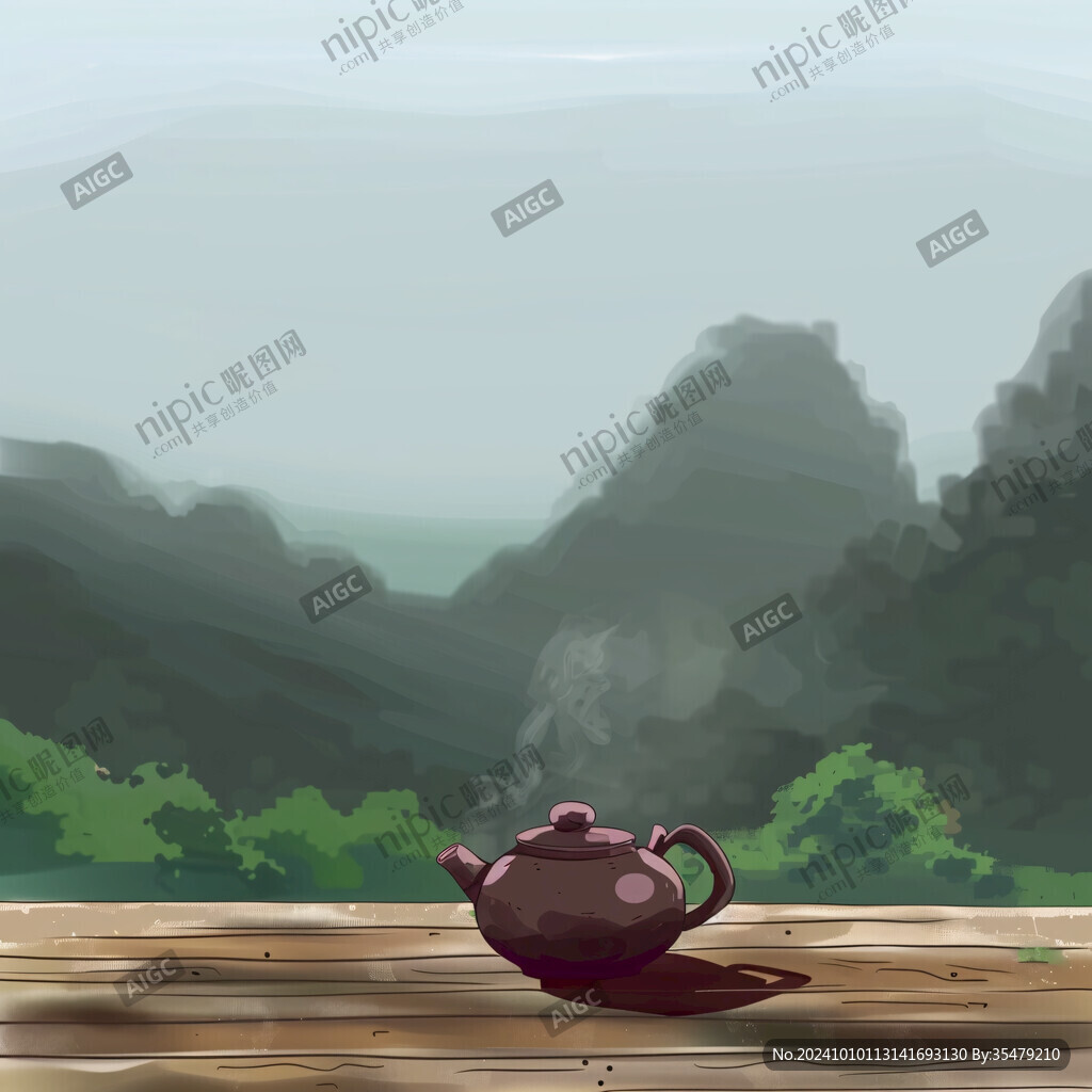 山水画茶树茶杯茶园