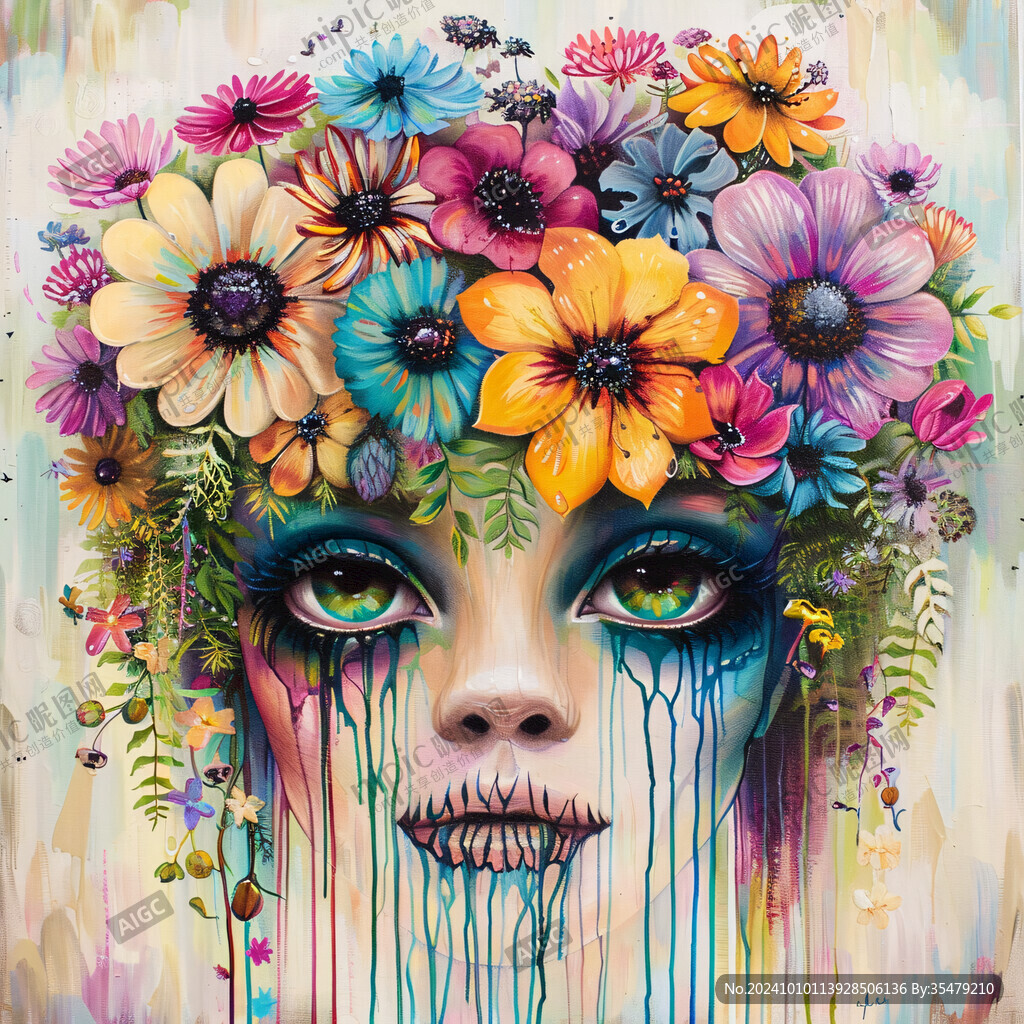 彩绘女人植物抽象画