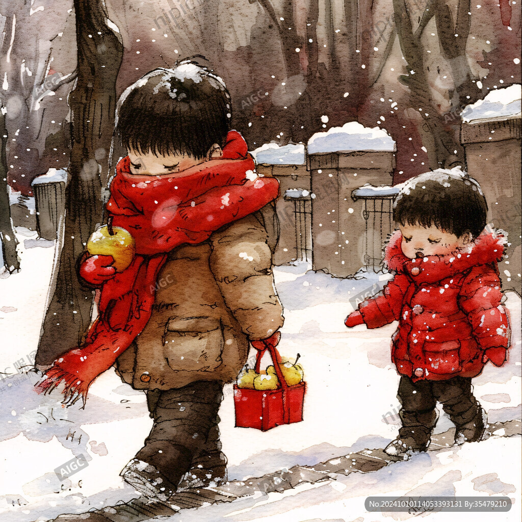 小孩堆雪人春节年画