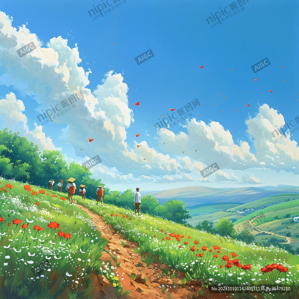 草地奔跑的少年插画
