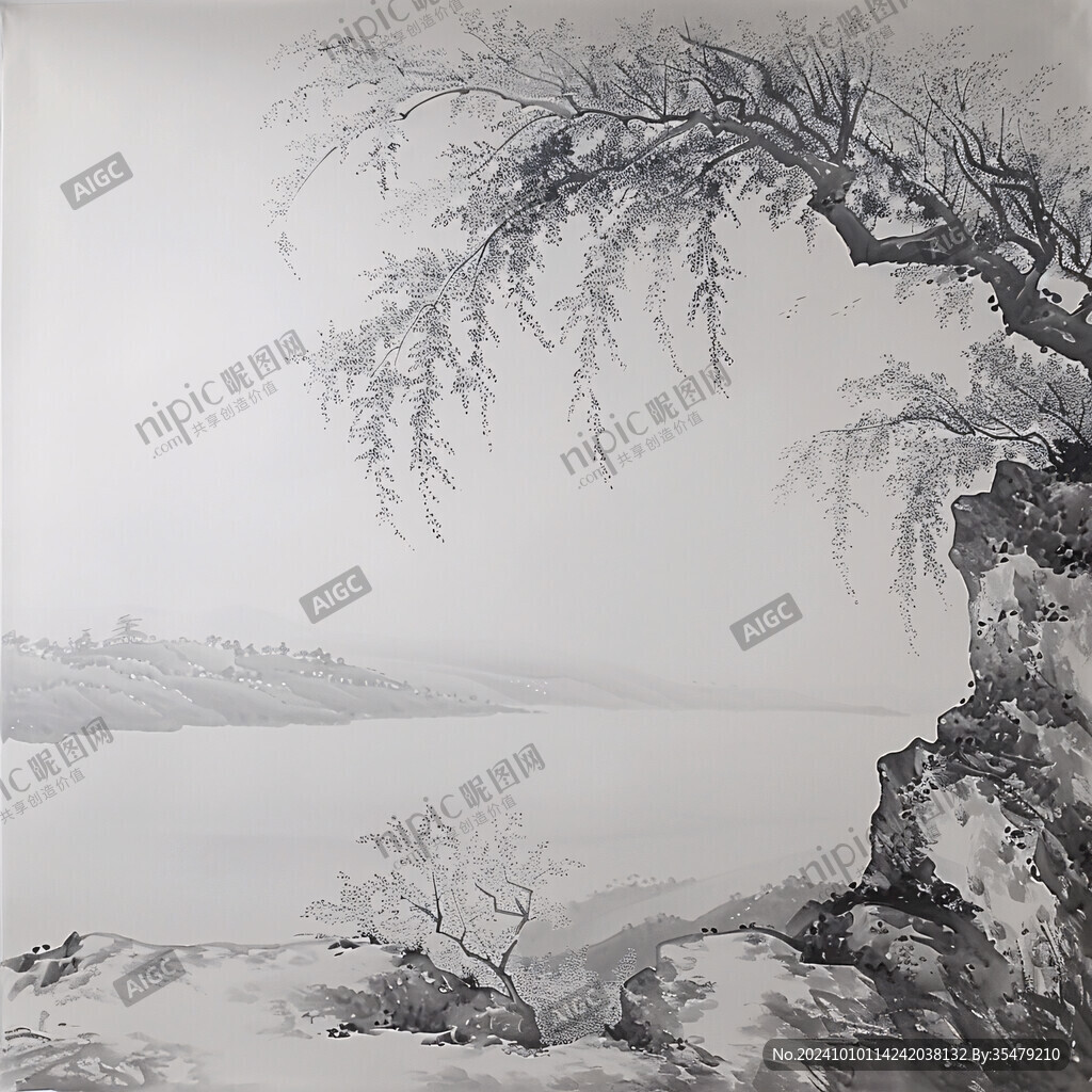 迎客松软膜天花水墨画
