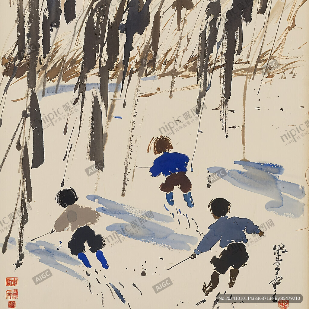 国画孩童孩子玩耍