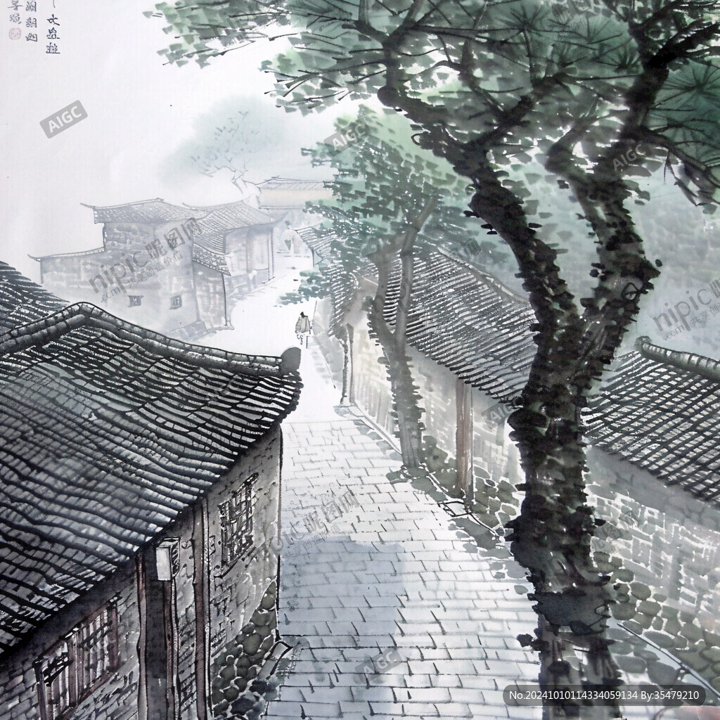 水粉画古街巷