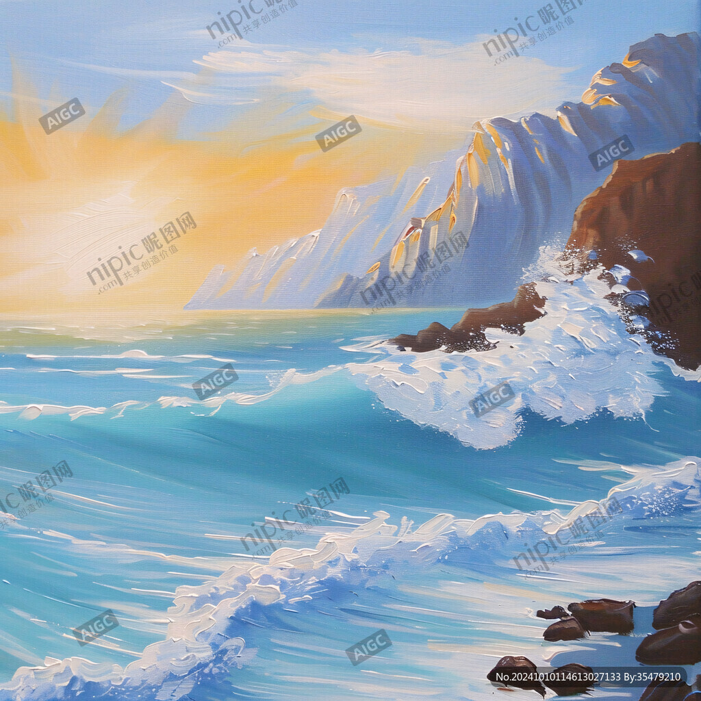 手绘海浪旭日东升