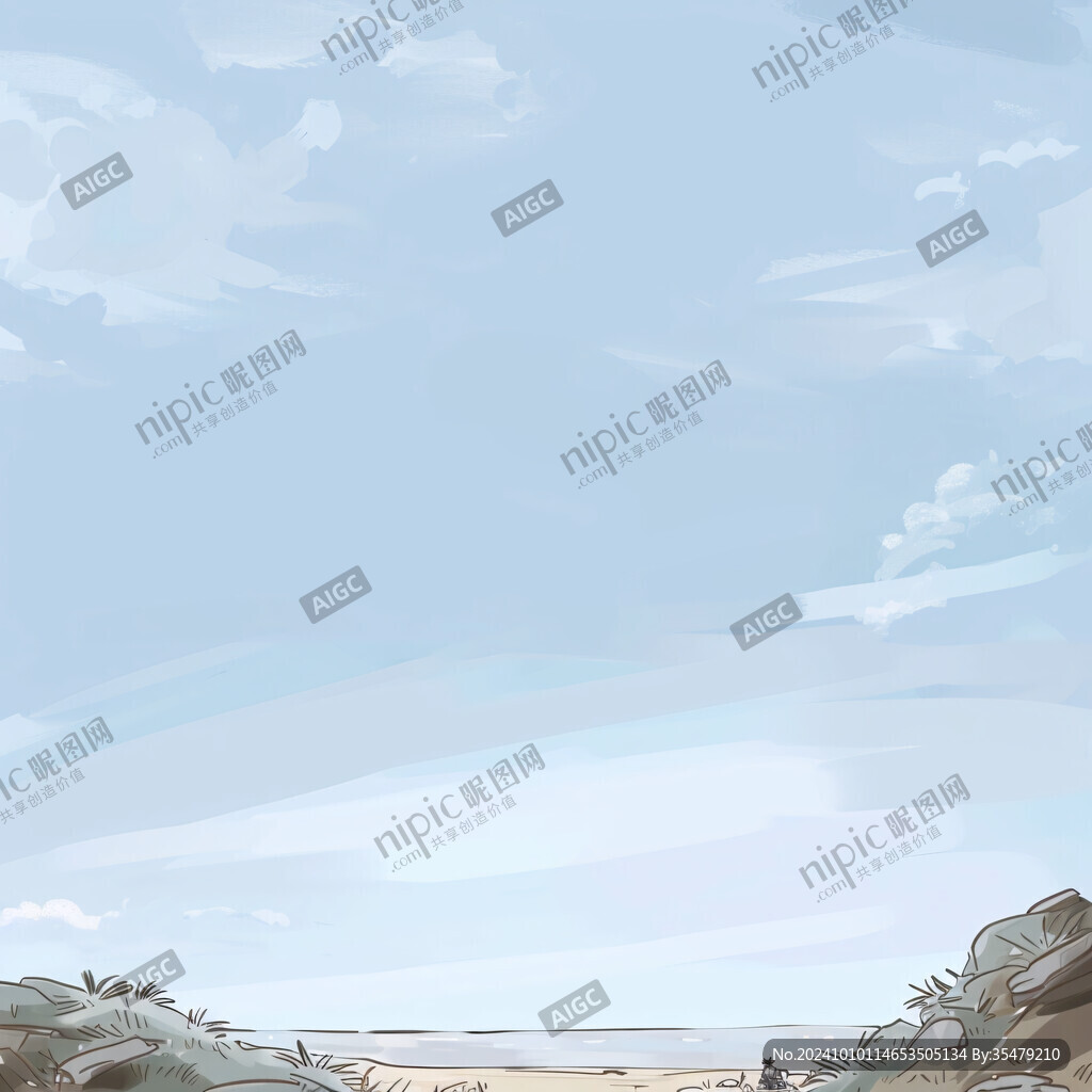 蓝天白云大海岩石插画