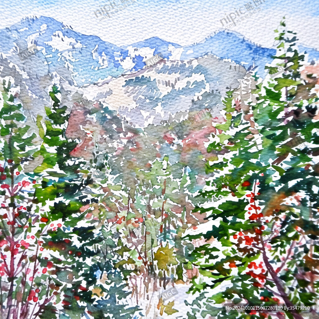 雪山水粉画