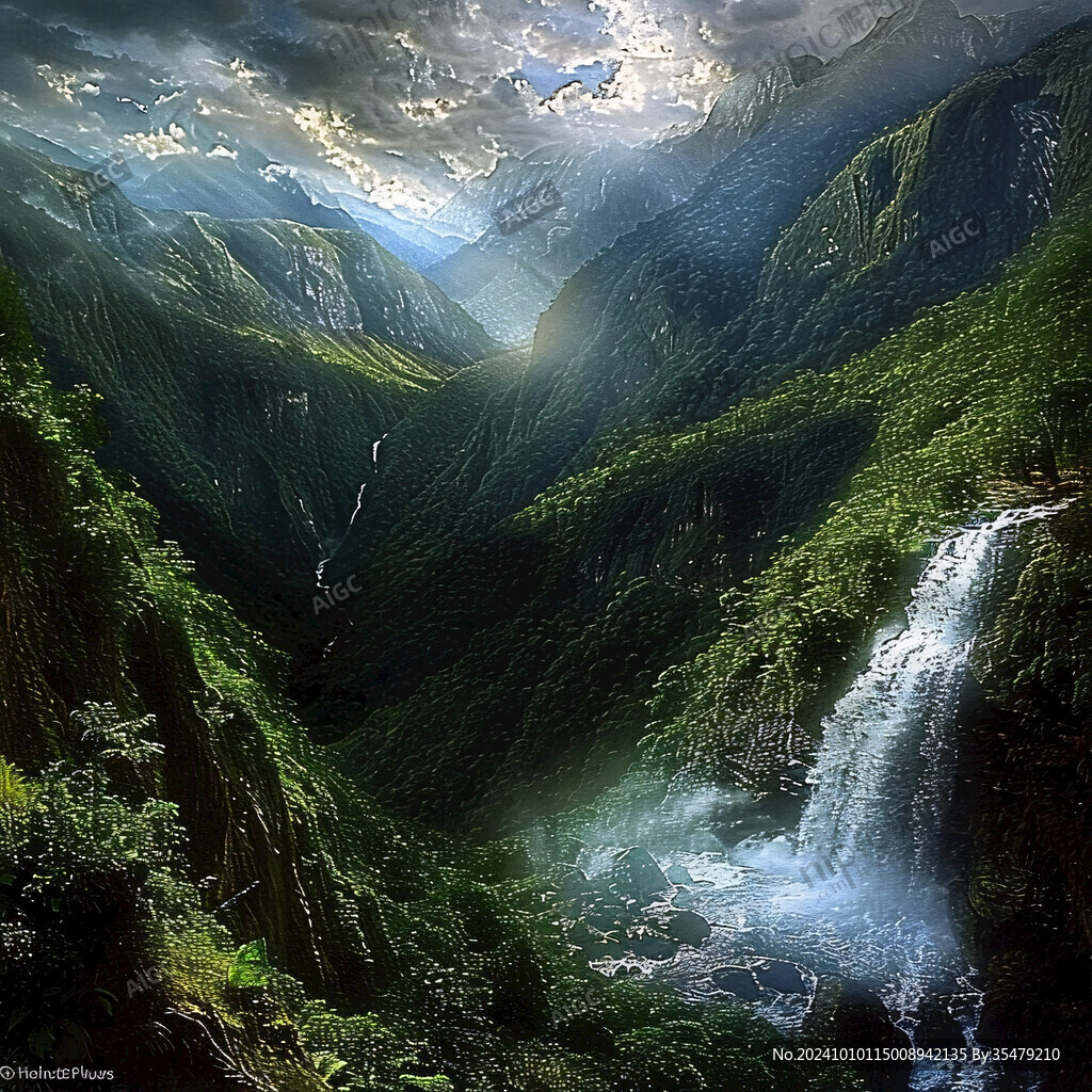 山水风景油画瀑布