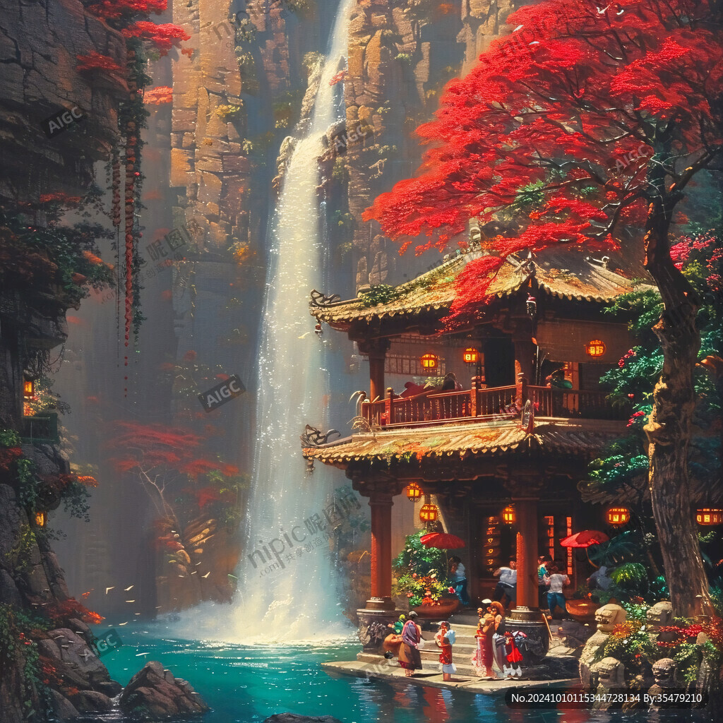 亭台楼阁流水瀑布