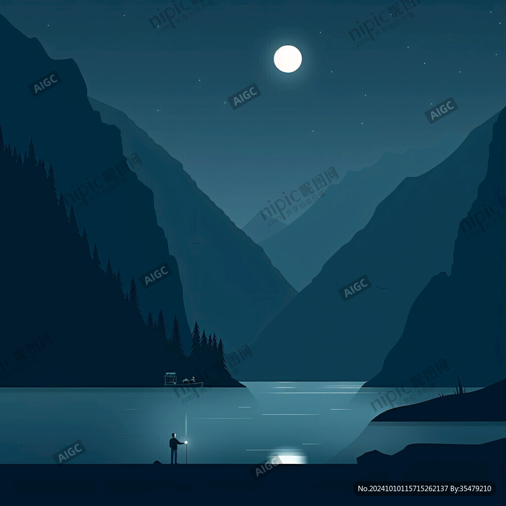 插画夜景湖泊