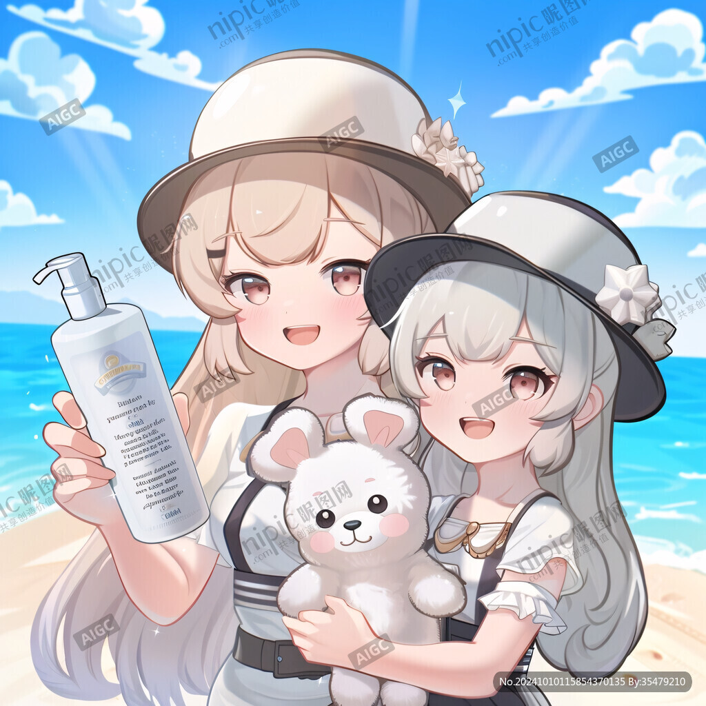 女学生海边插画
