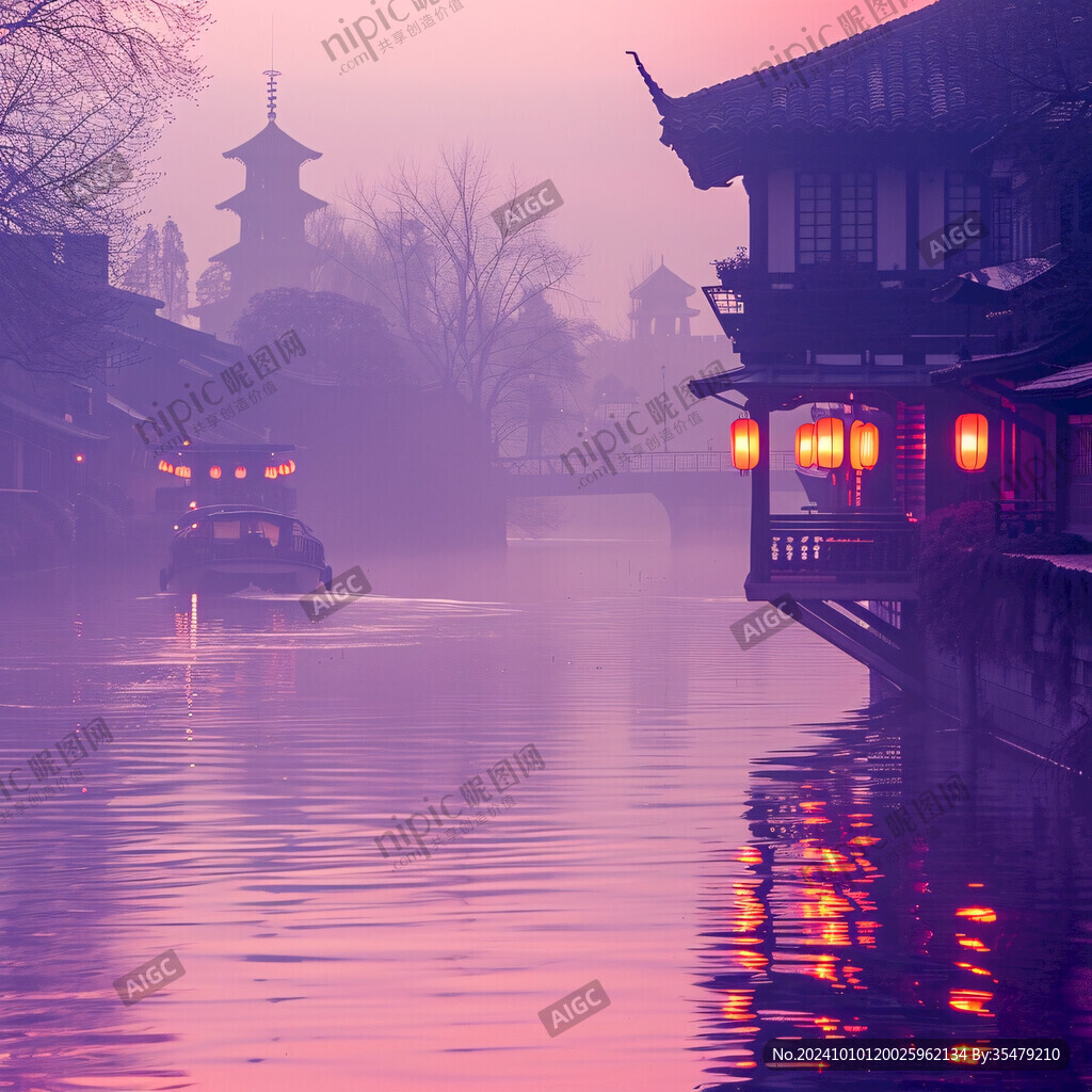 江南古镇夜景大画幅