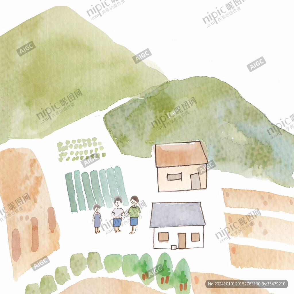 农村手绘水彩