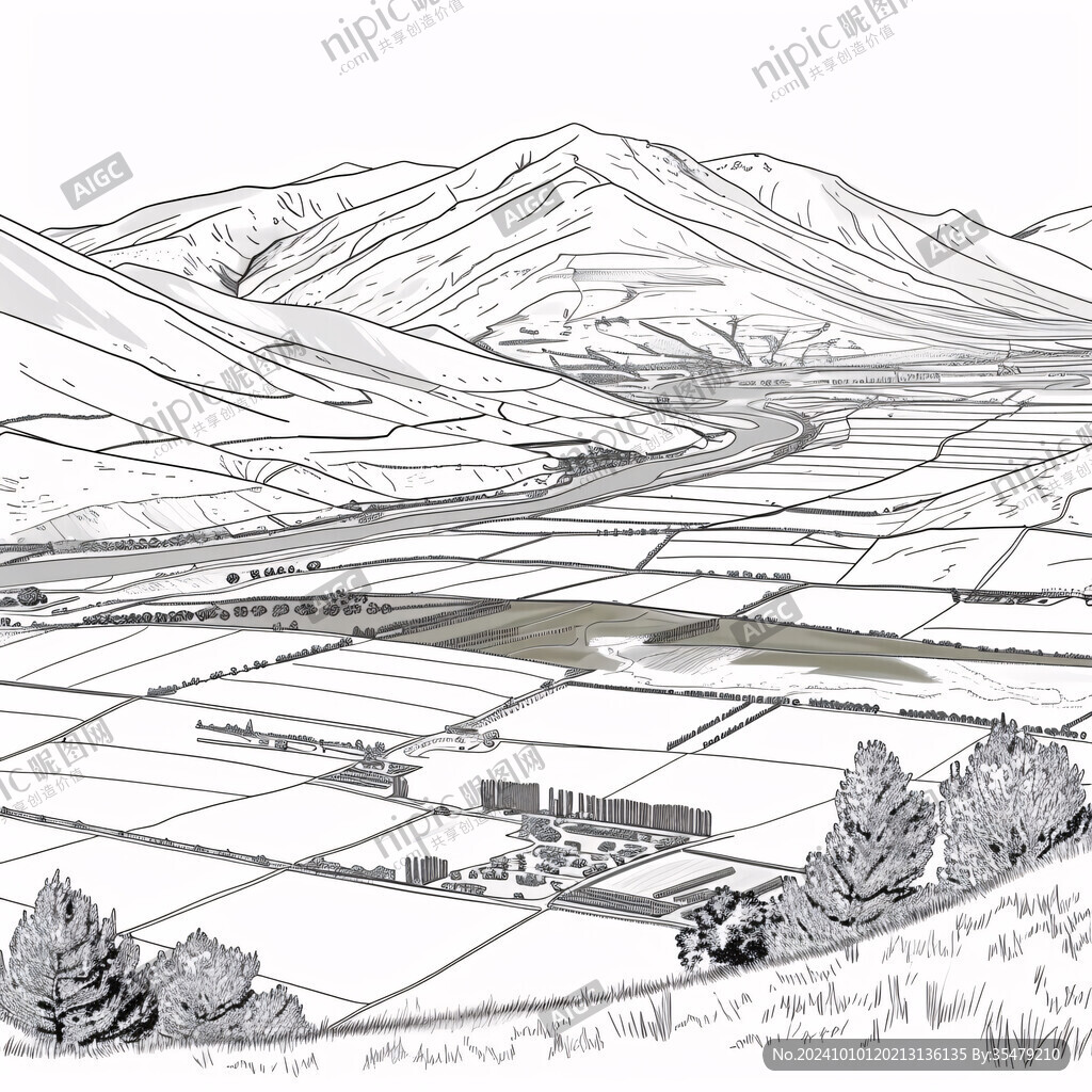 稻田农田手绘插画