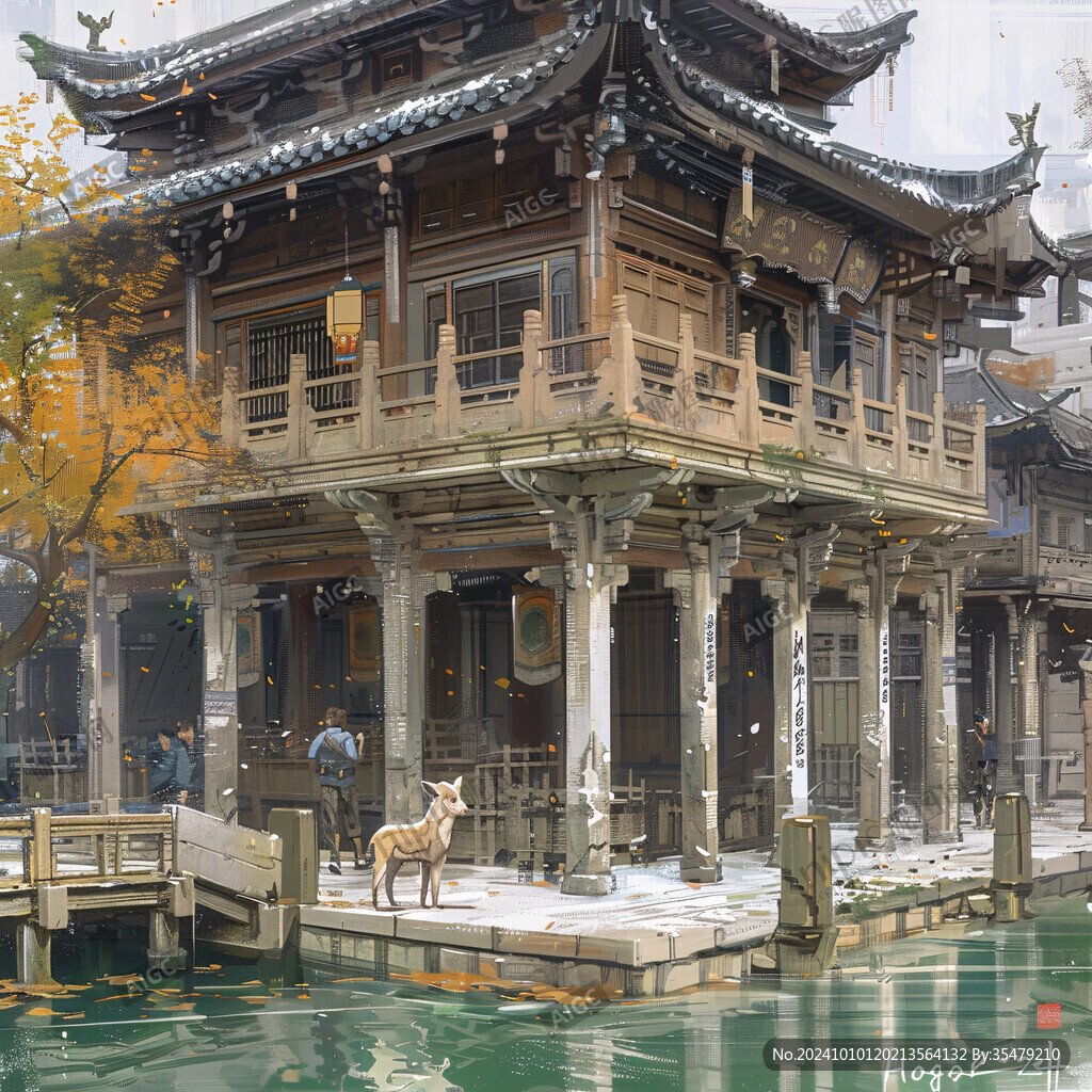 楼阁古风仙鹿仙景