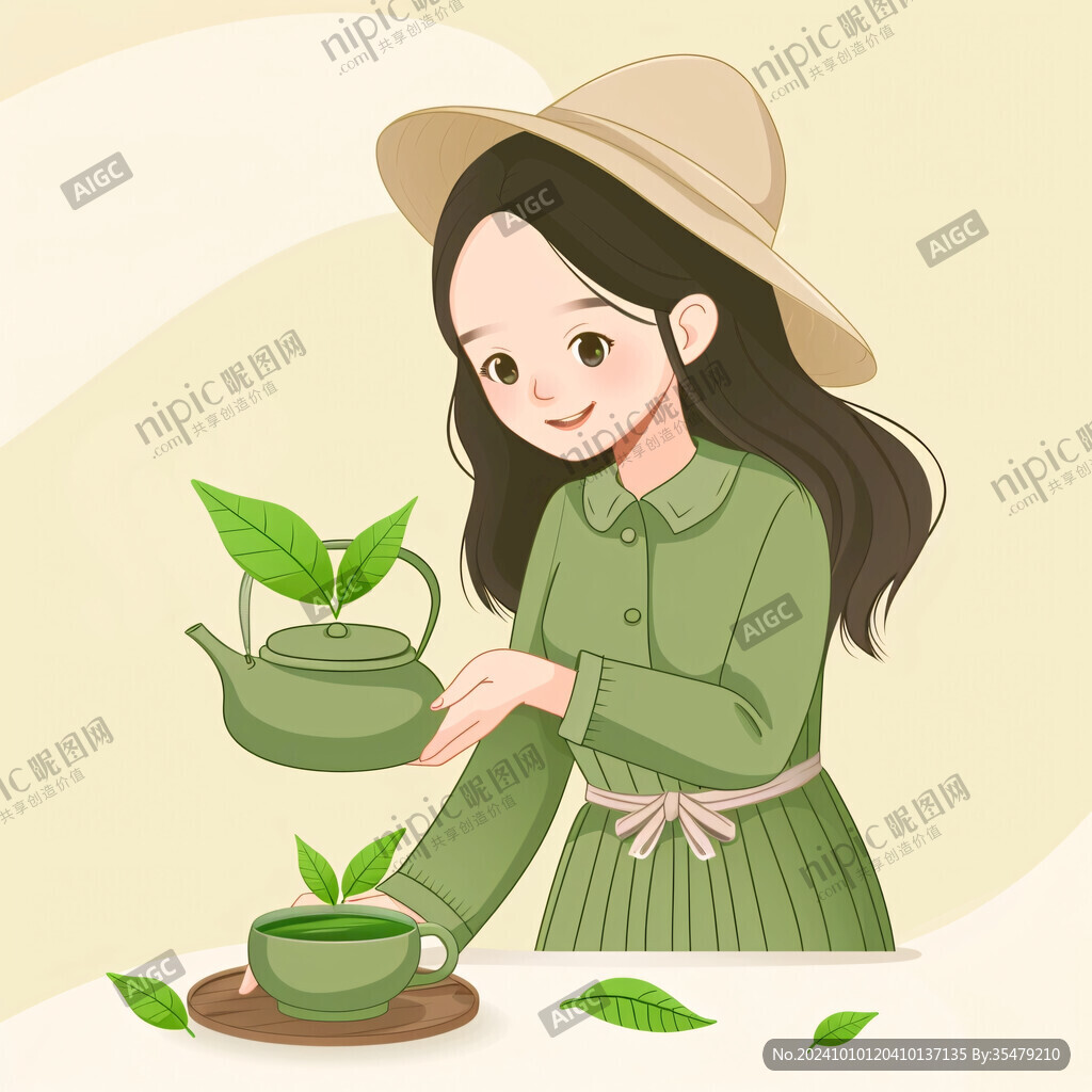 正在采茶的小女孩插画