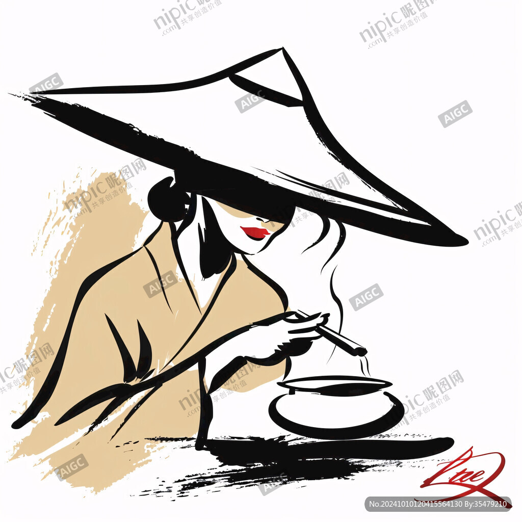 喝茶的旗袍美女插画