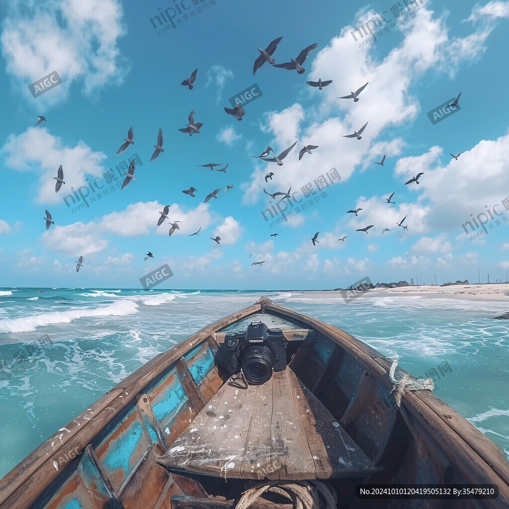 海边渔船海鸥