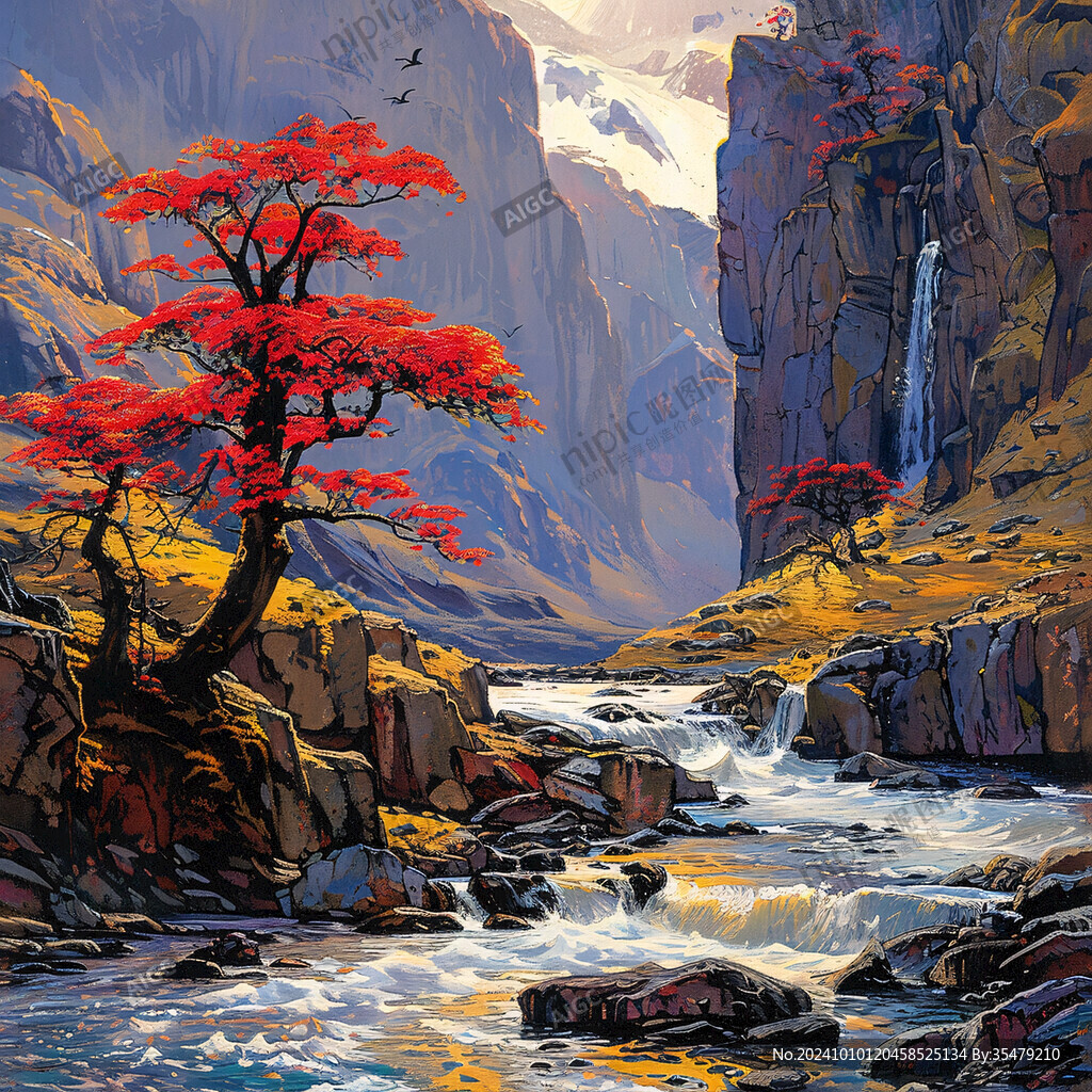 山水风景油画瀑布