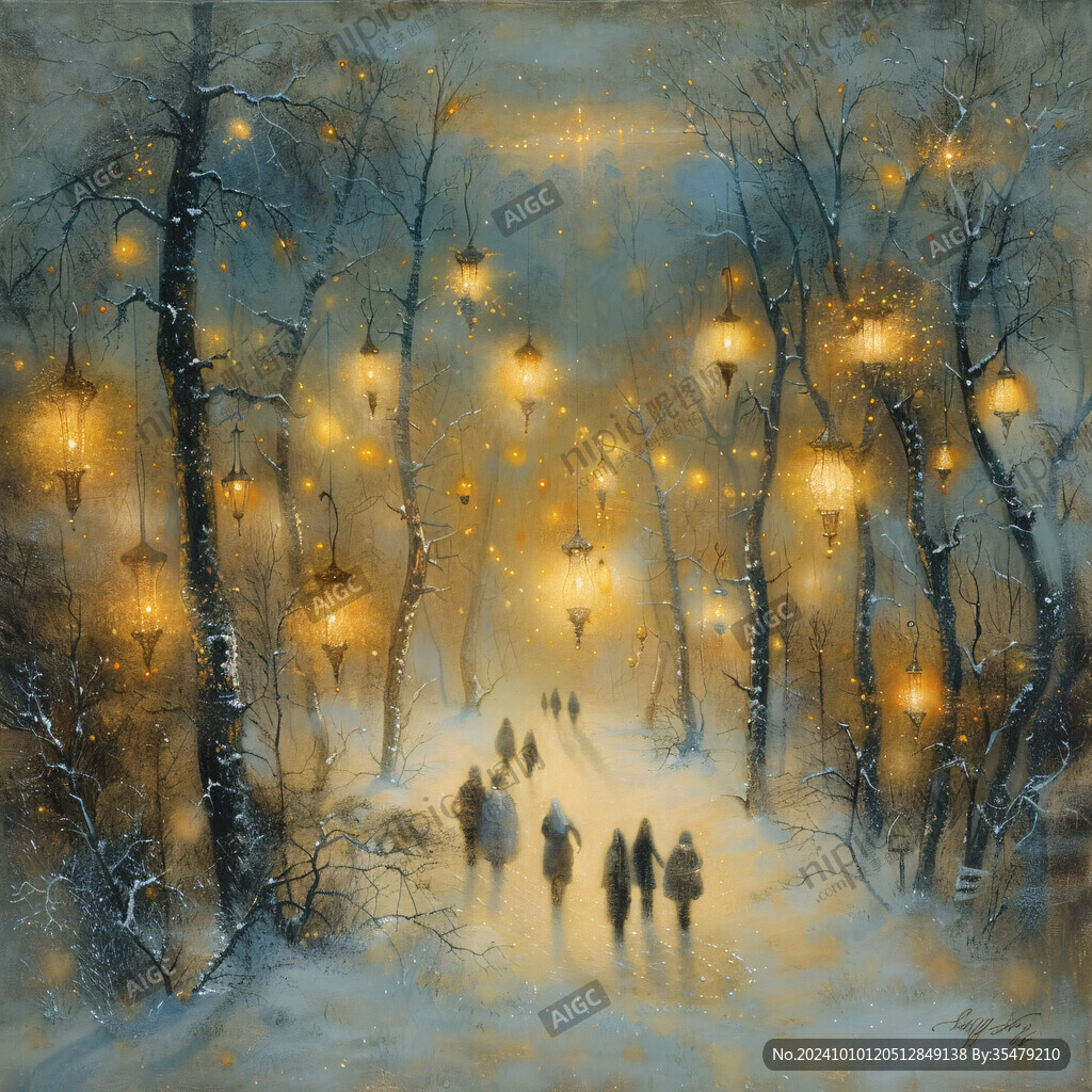 手绘雪夜风景无框画