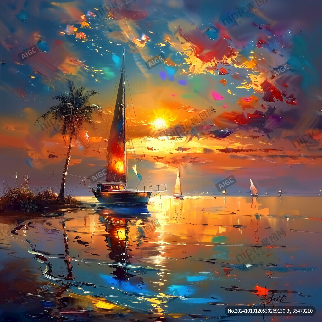 海边日落油画