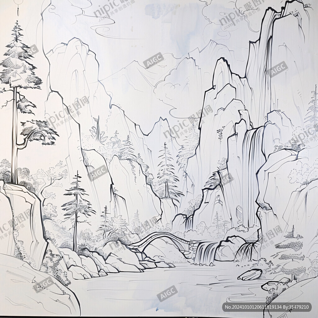 手绘线描山水壁画