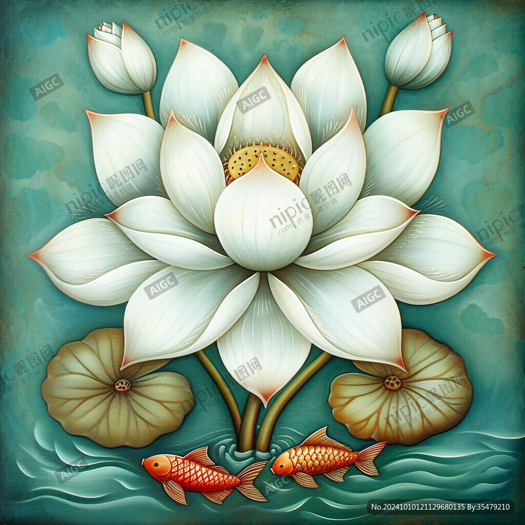 莲花和鱼手绘插画