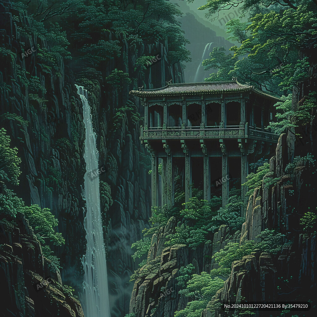 悬崖瀑布地板画