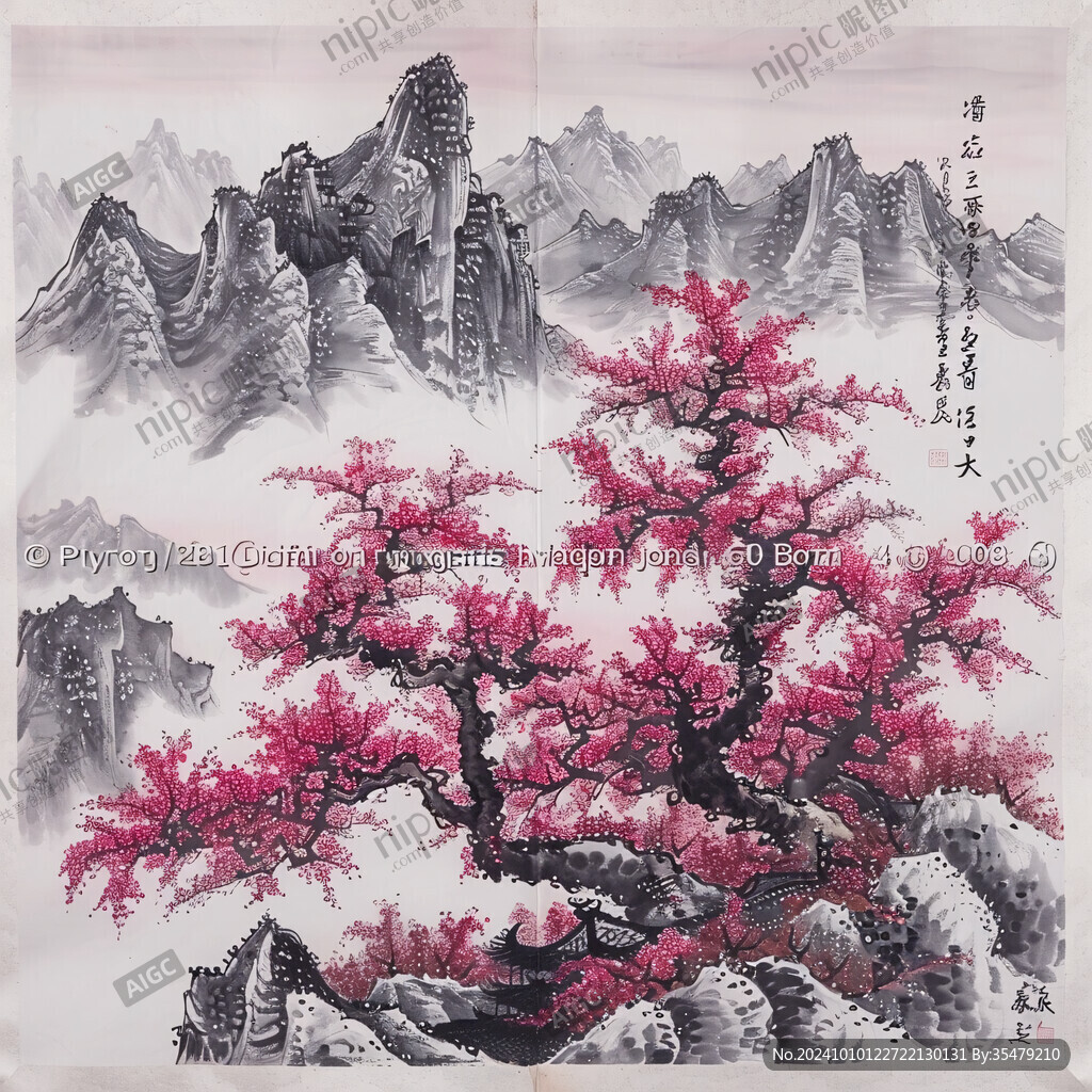 屏风映山红国画