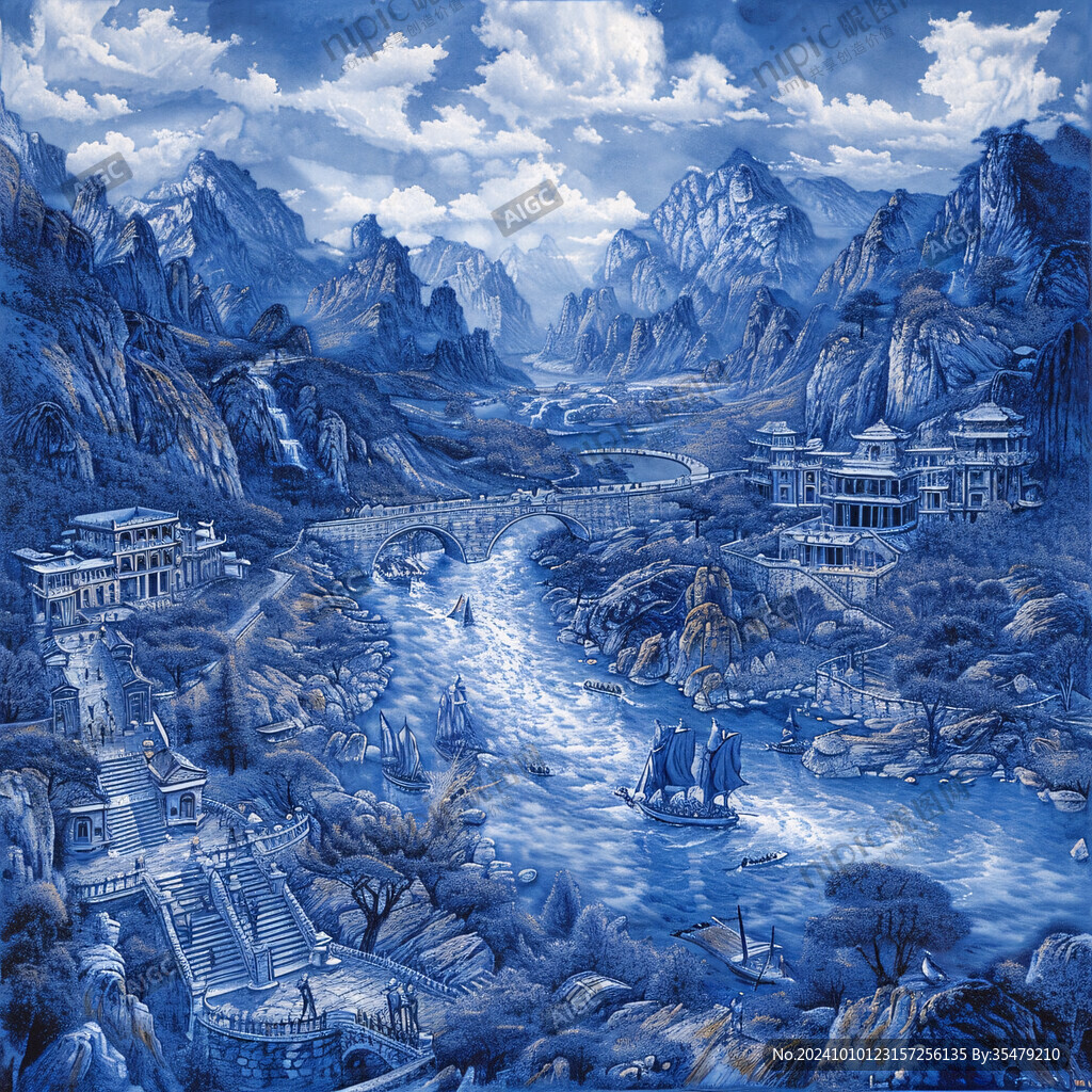老挝彩绘山水水墨画