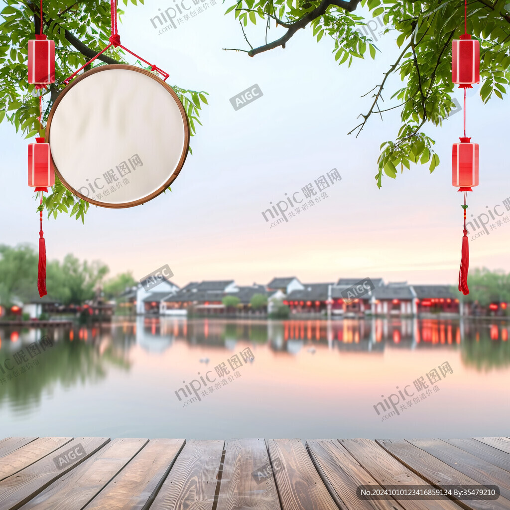 山水画江南水乡红灯笼