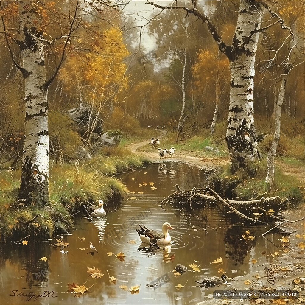森林小溪油画