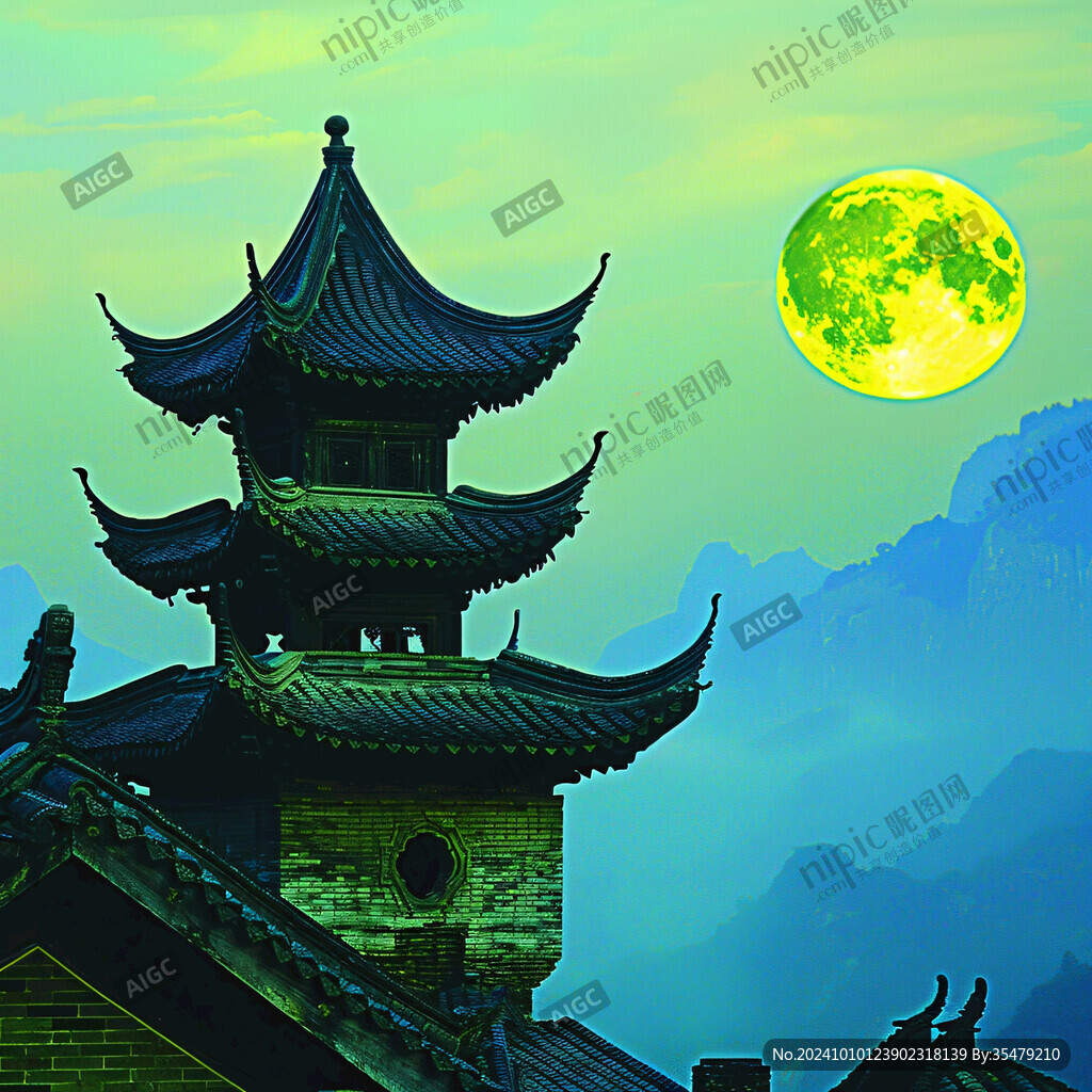 月亮下的古建筑