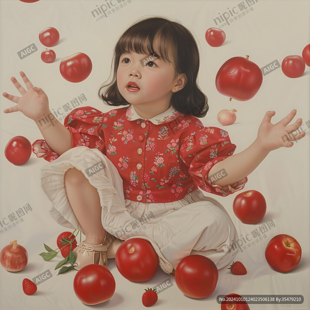 手绘收获樱桃的小女孩