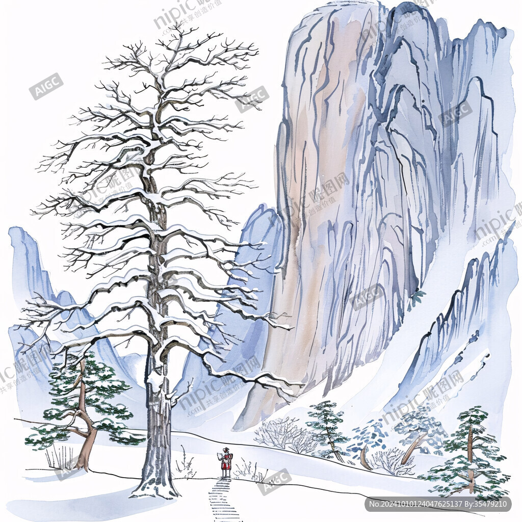 雪松雪景雪山插画
