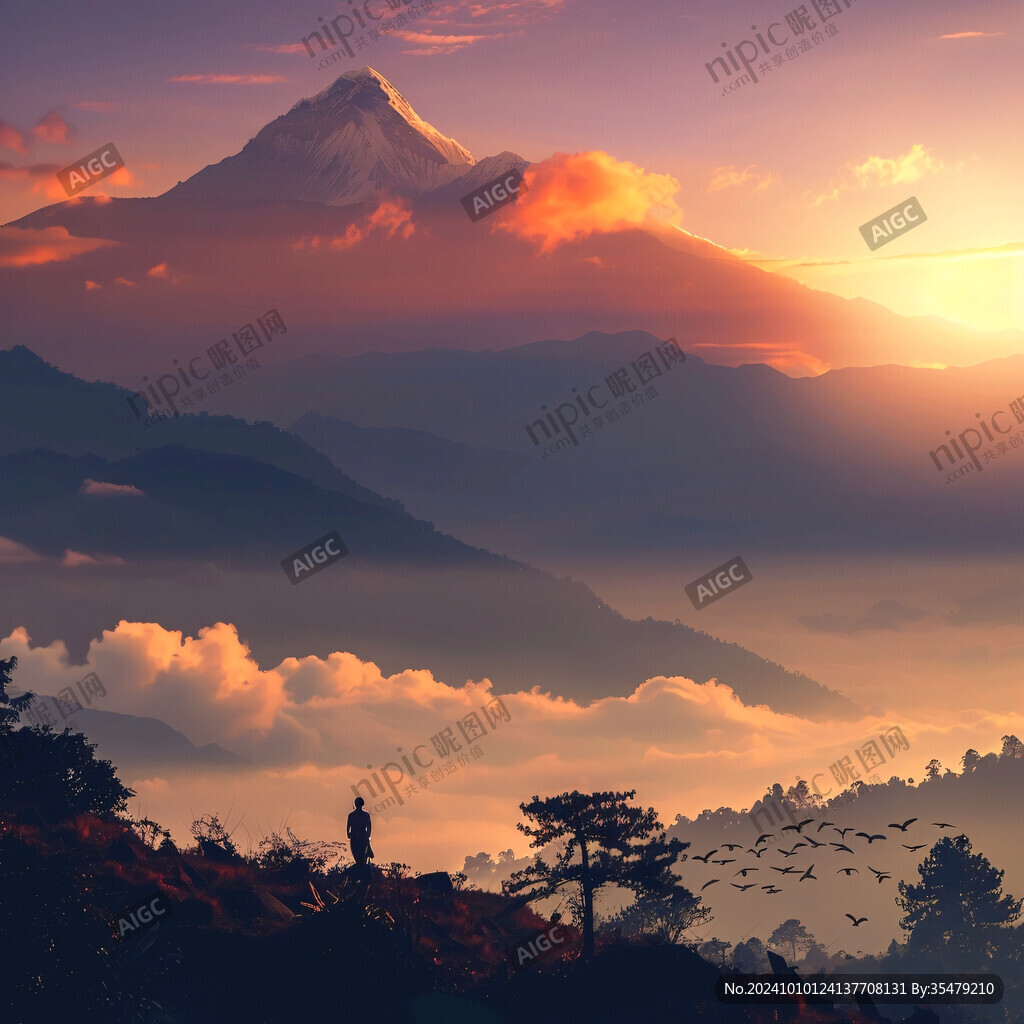 尼泊尔插画水墨山水