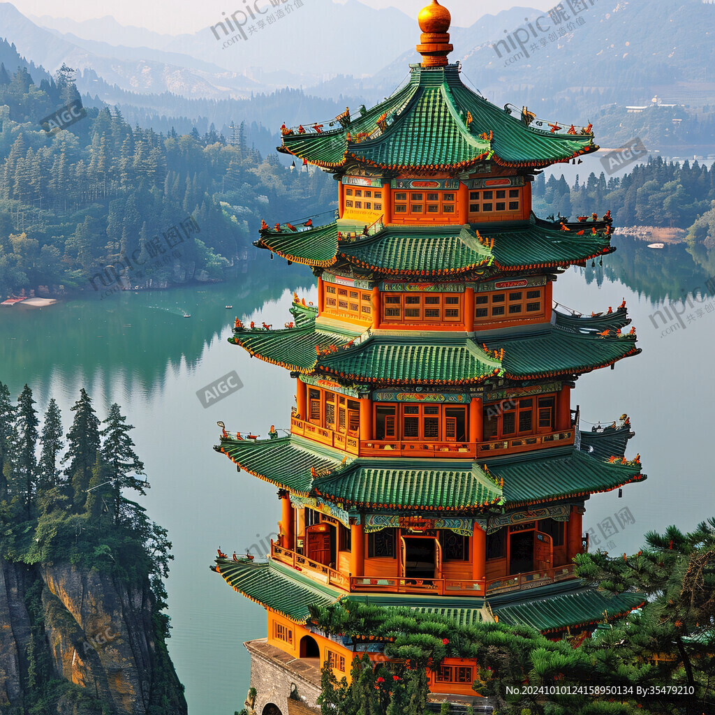 古建筑湖边观景塔
