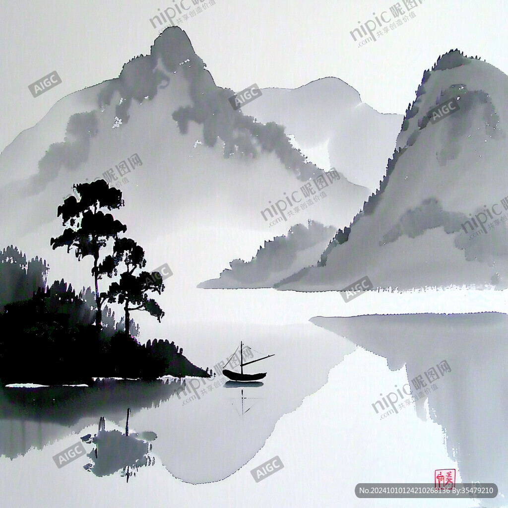 手绘风景画烟雾山水画