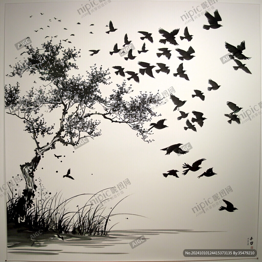 水墨风景挂画水墨小鸟