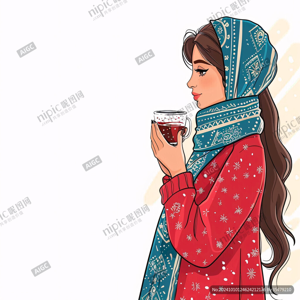 卡通喝奶茶的美女